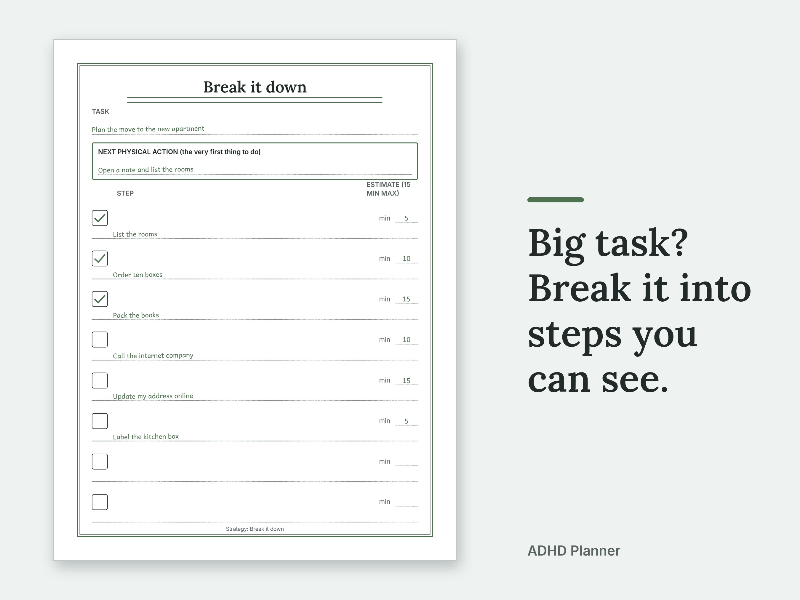 Big task? Break it into steps you can see. The Break it down page of the ADHD Planner, filled in with sample entries.
