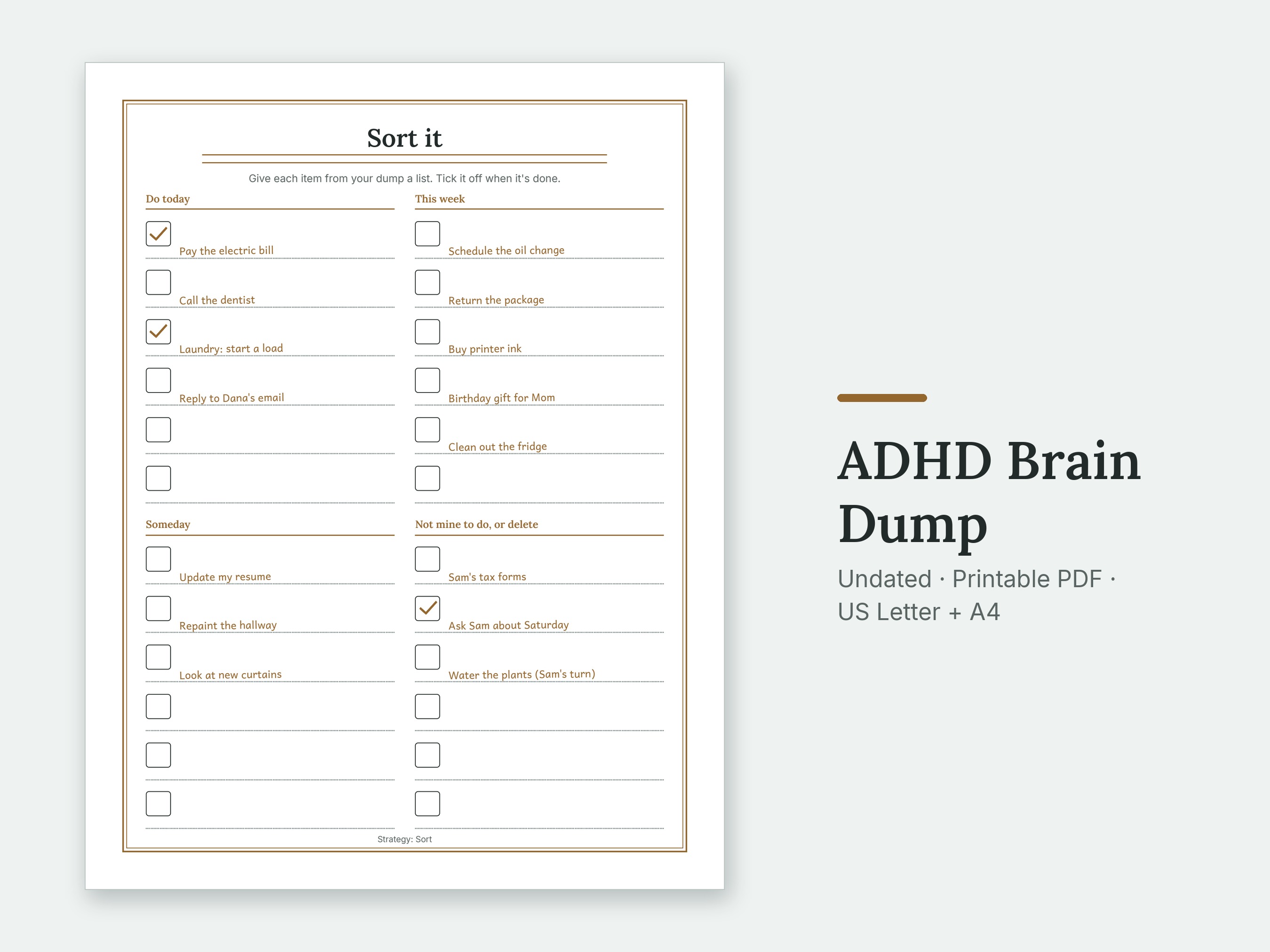 The Sort it page of the ADHD Brain Dump, filled in with sample entries.