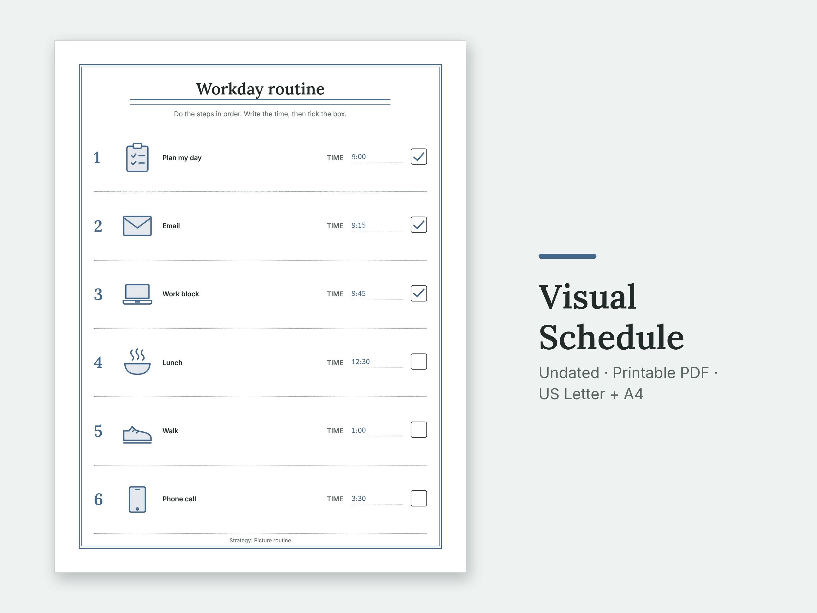 The Workday routine page of the Visual Schedule, filled in with sample entries.