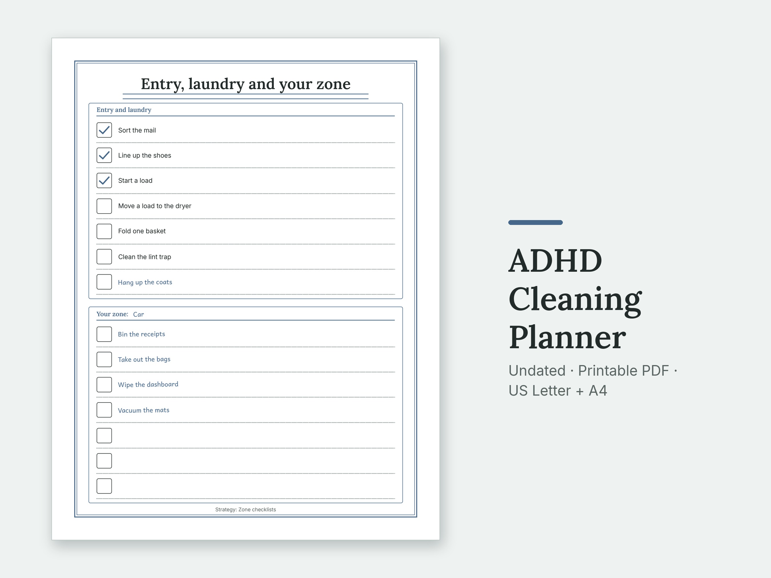 The Entry, laundry and your zone page of the ADHD Cleaning Planner, filled in with sample entries.