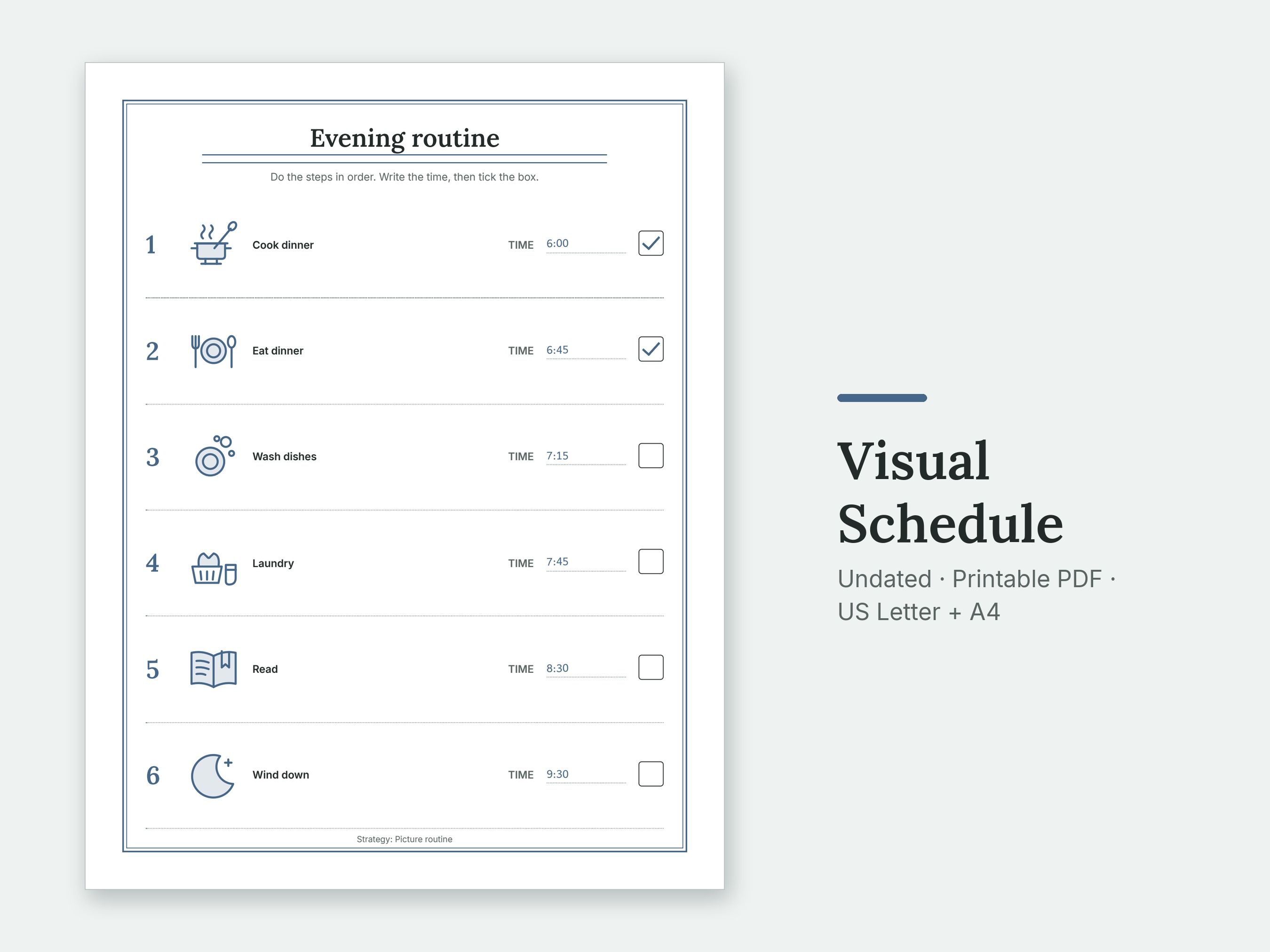 The Evening routine page of the Visual Schedule, filled in with sample entries.