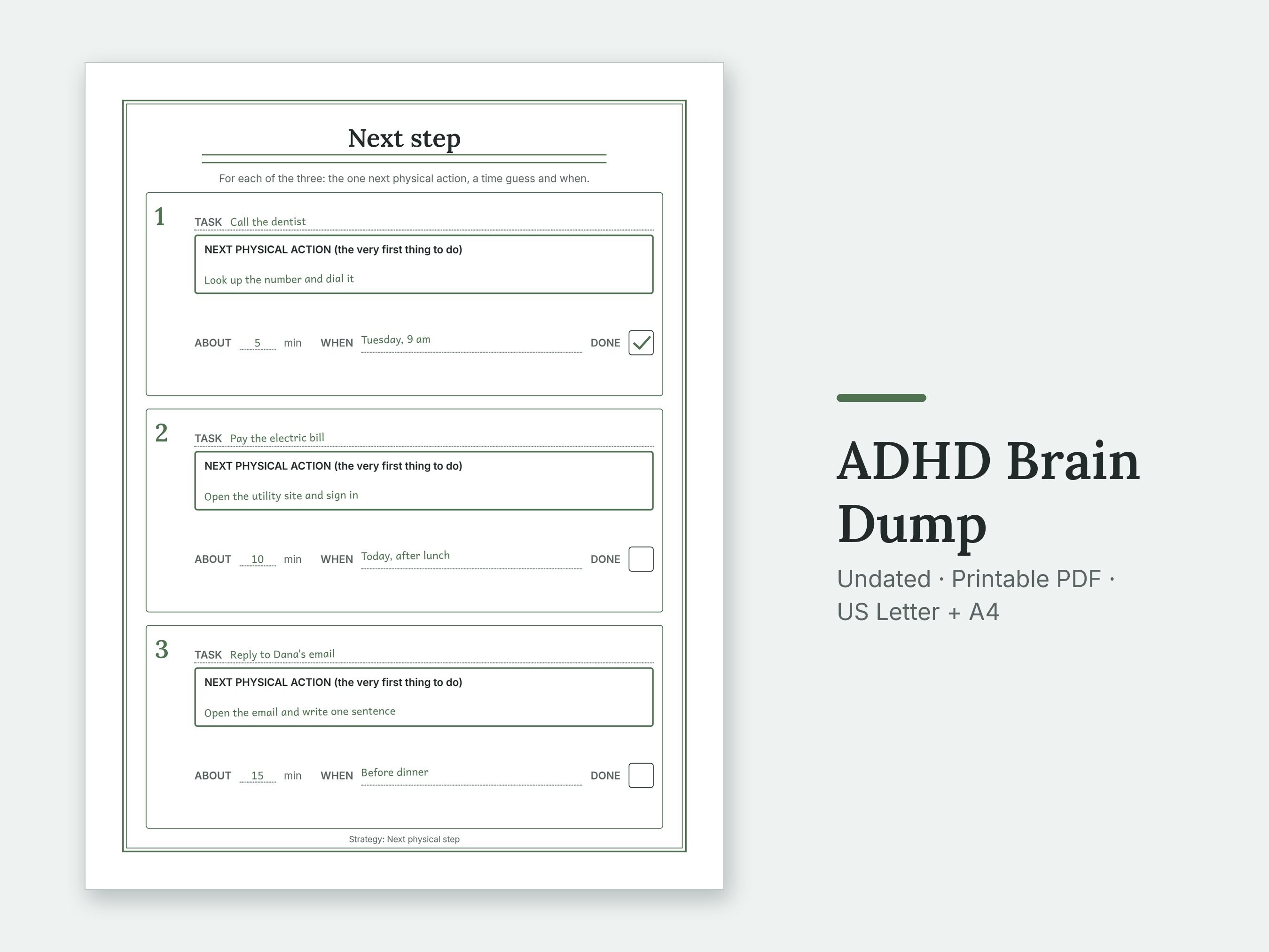 The Next step page of the ADHD Brain Dump, filled in with sample entries.