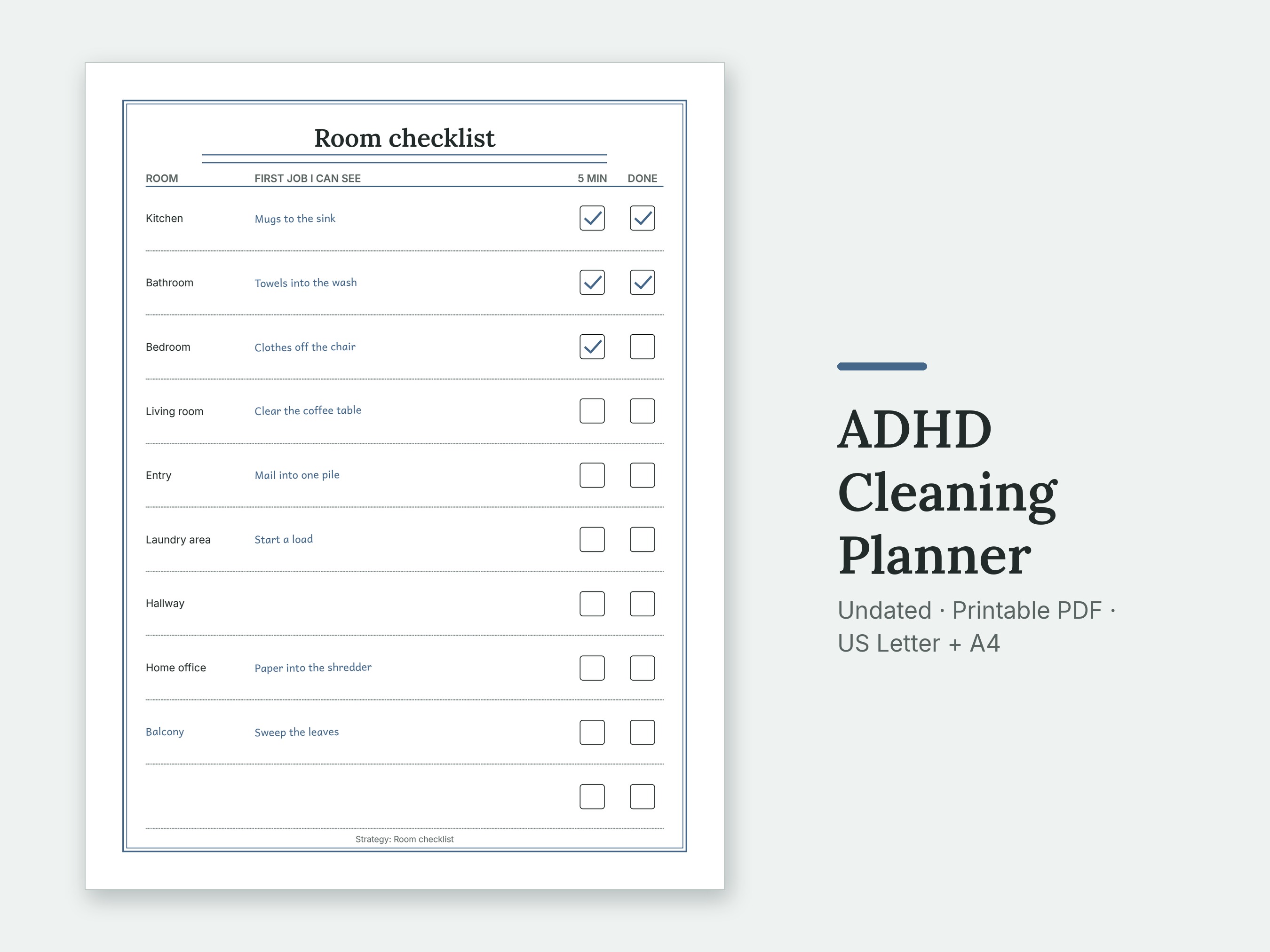 The Room checklist page of the ADHD Cleaning Planner, filled in with sample entries.