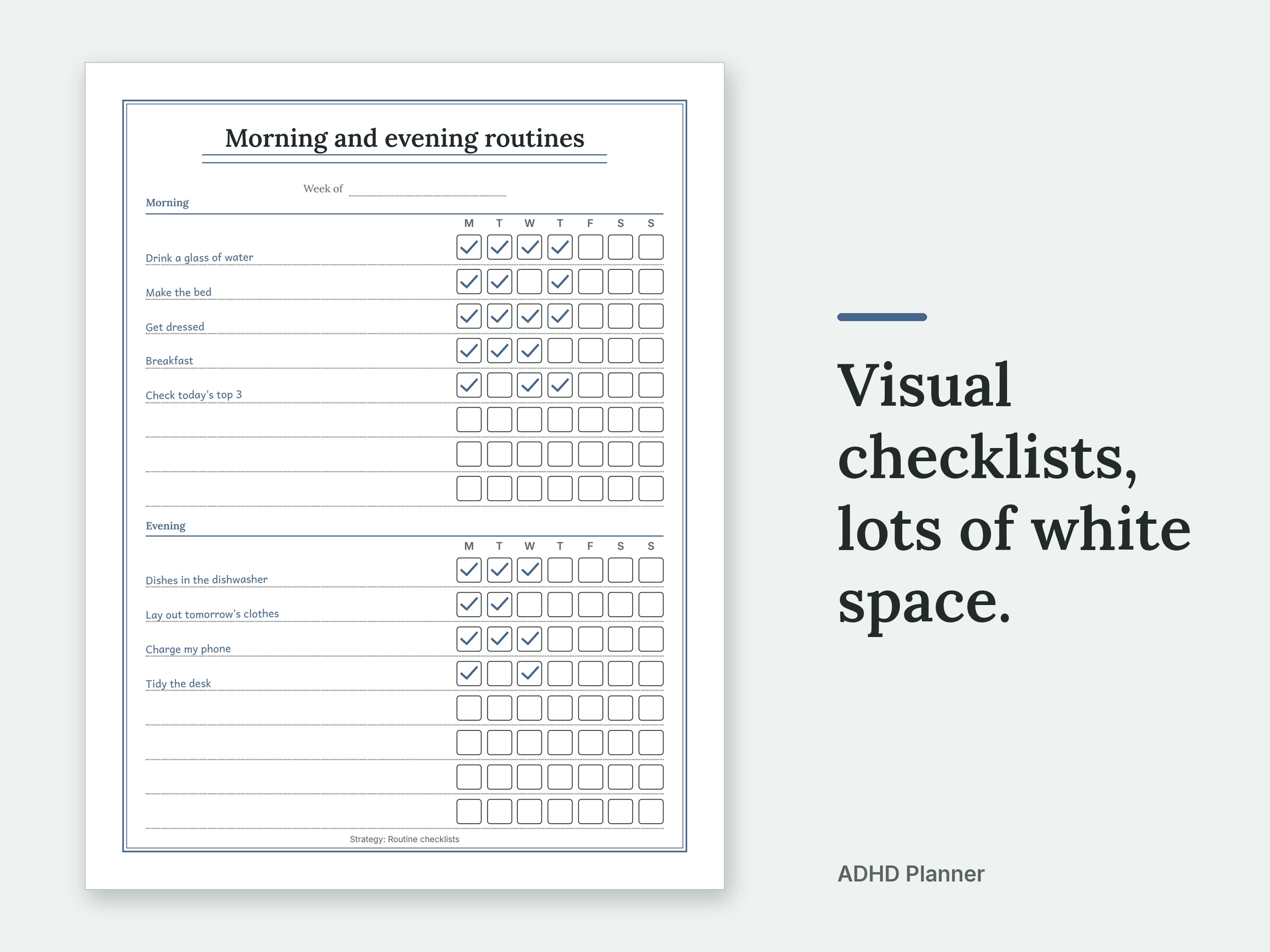 Visual checklists, lots of white space. The Morning and evening routines page of the ADHD Planner, filled in with sample entries.