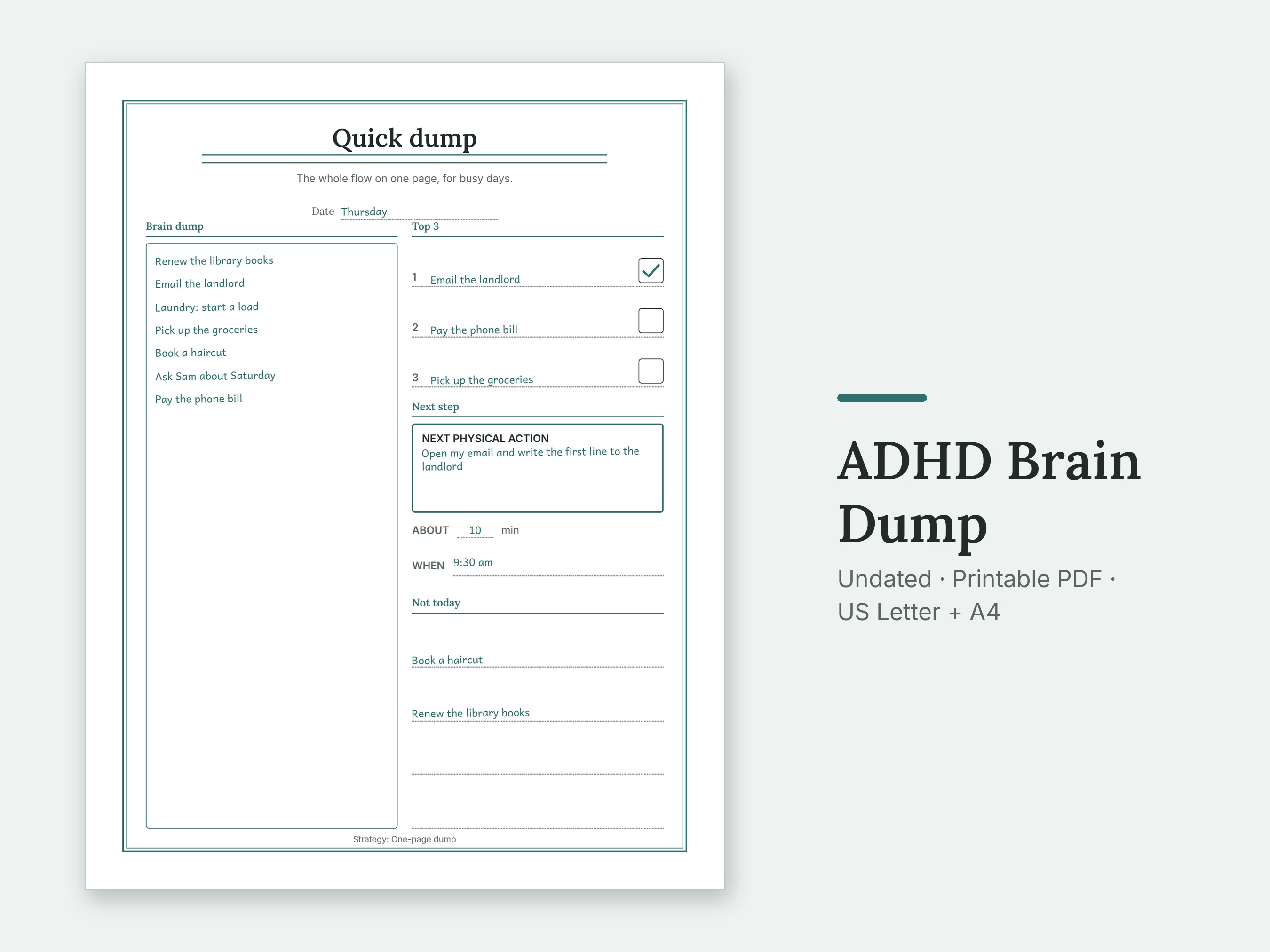 The Quick dump page of the ADHD Brain Dump, filled in with sample entries.