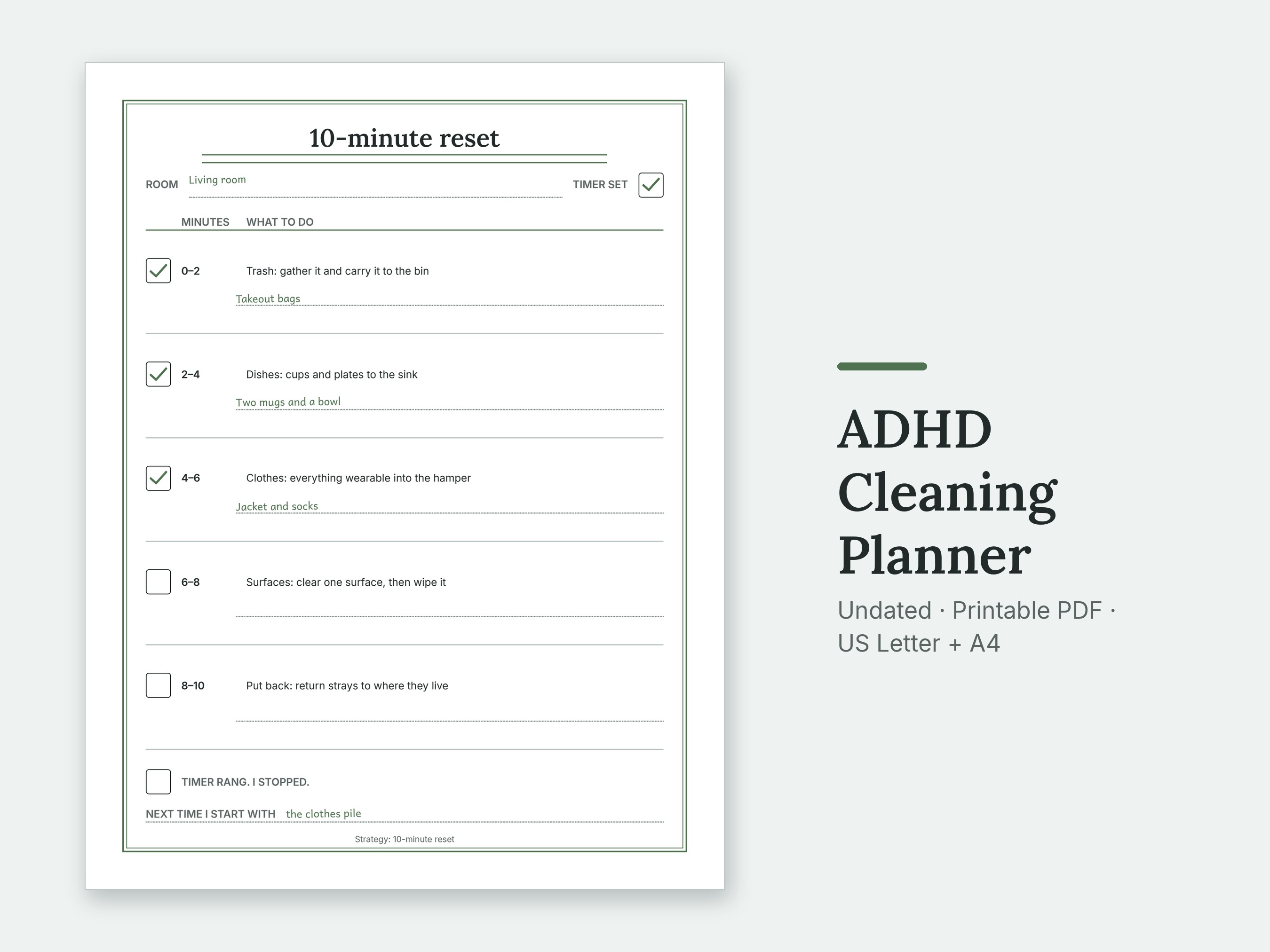 The 10-minute reset page of the ADHD Cleaning Planner, filled in with sample entries.