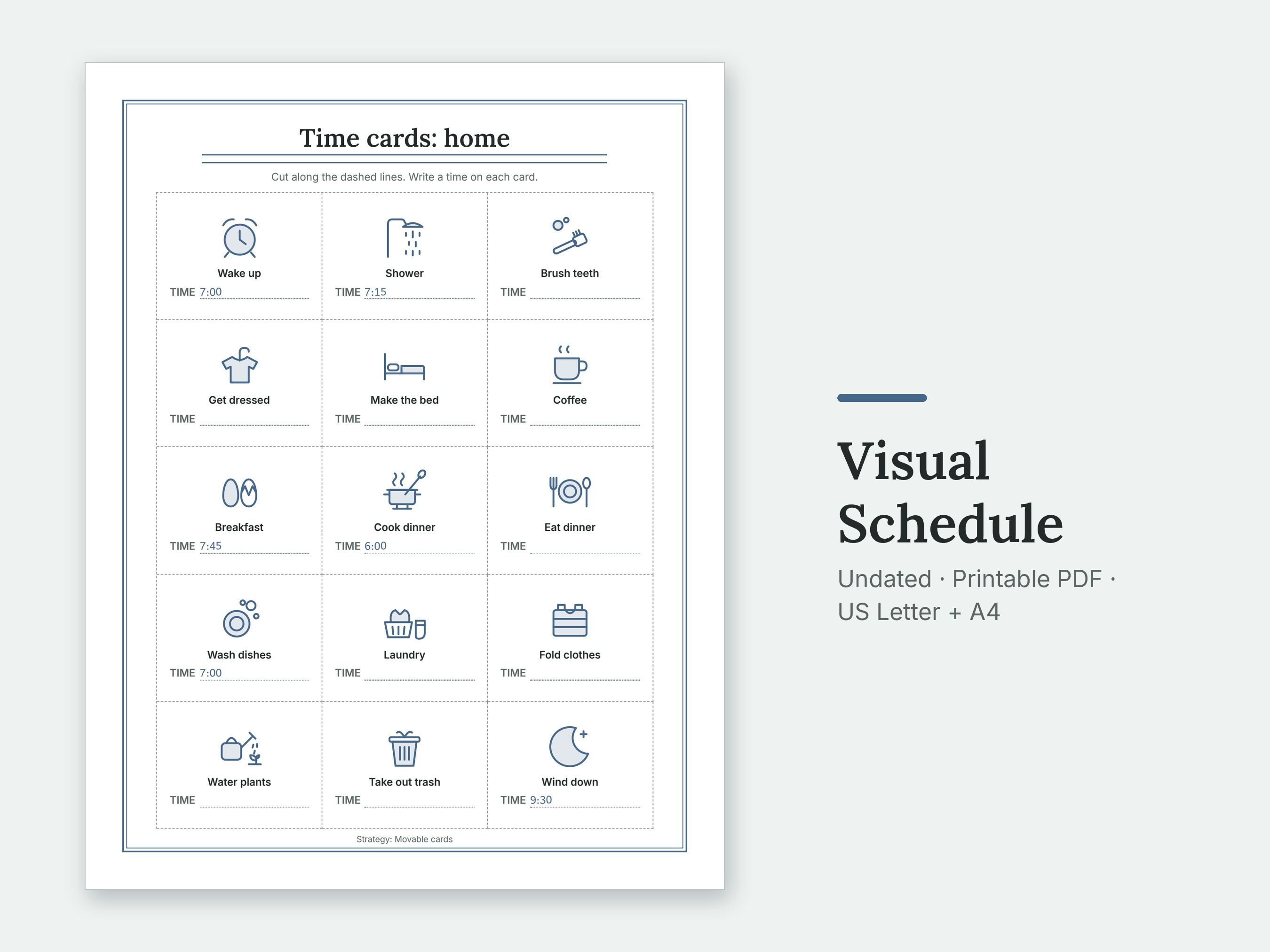 The Time cards: home page of the Visual Schedule, filled in with sample entries.