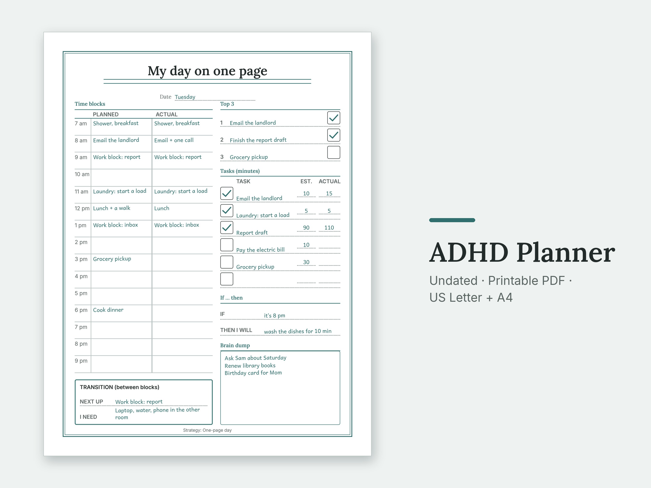 The My day on one page page of the ADHD Planner, filled in with sample entries.