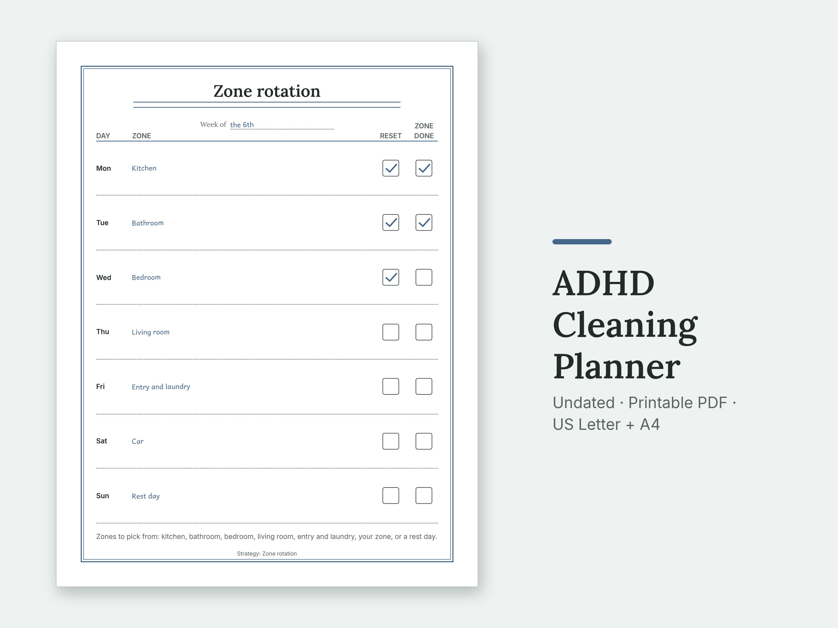 The Zone rotation page of the ADHD Cleaning Planner, filled in with sample entries.