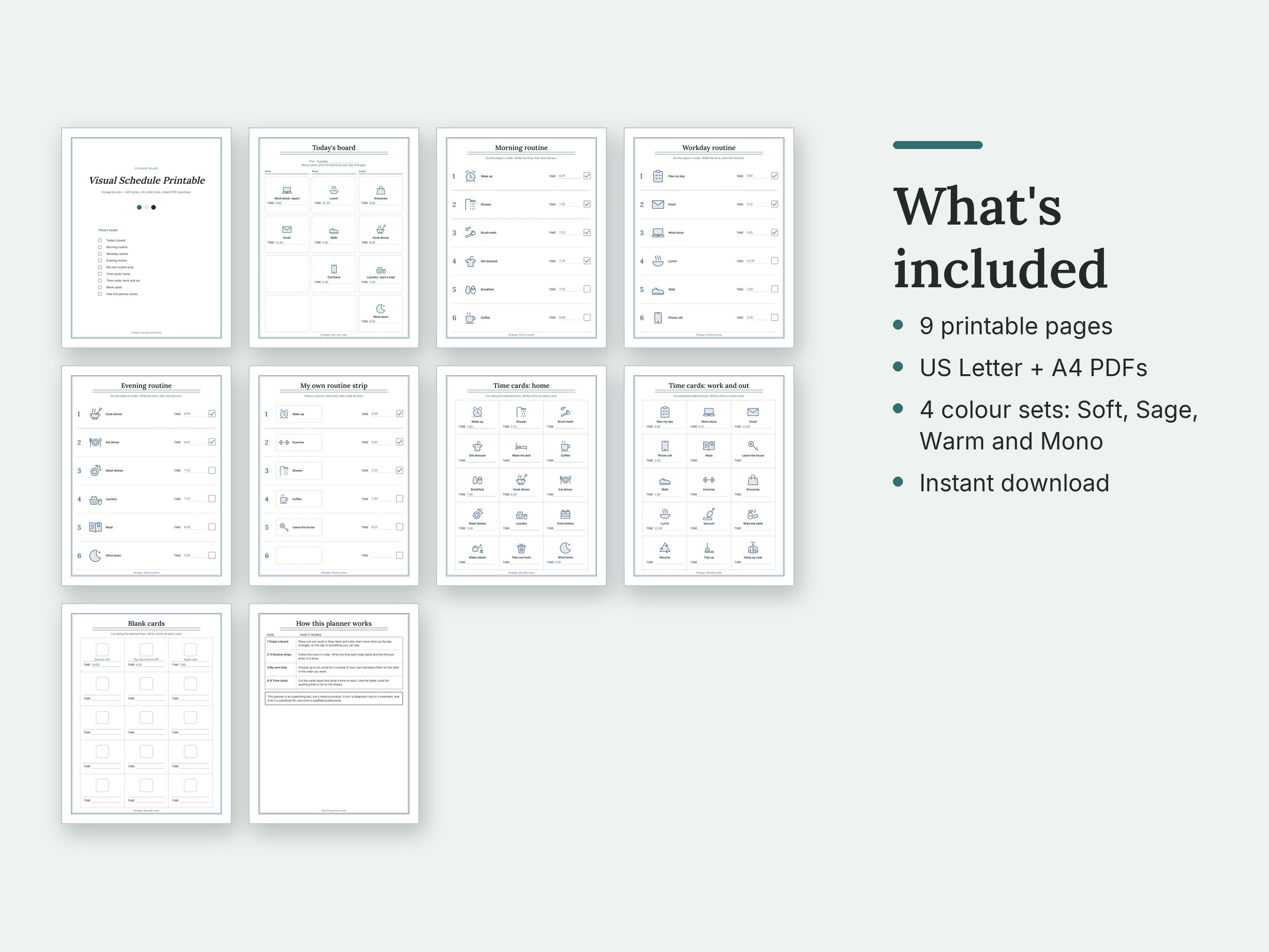 What's included in the Visual Schedule: thumbnails of every page. 9 printable pages; US Letter + A4 PDFs; 4 colour sets: Soft, Sage, Warm and Mono; Instant download.