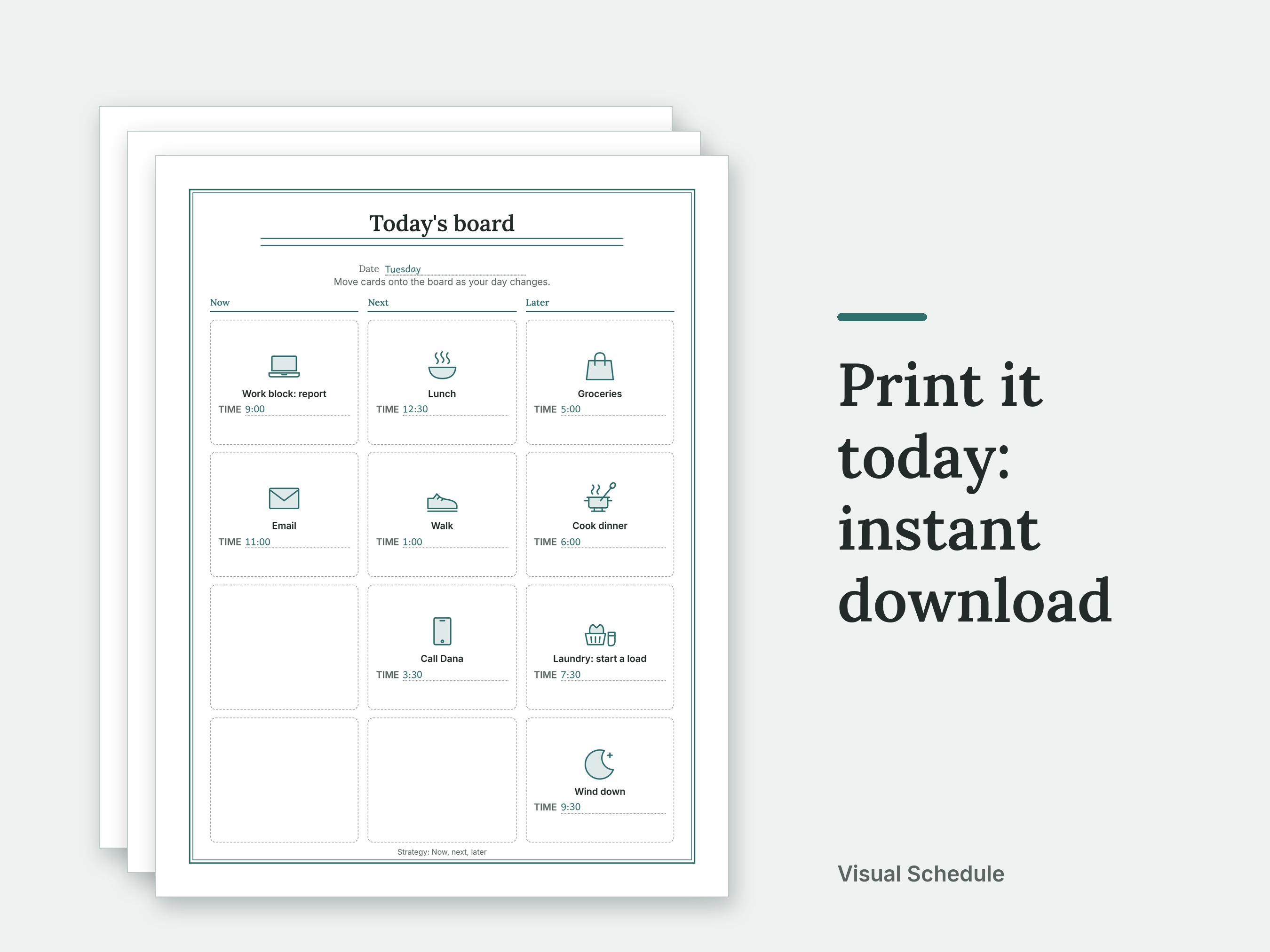 A short stack of Visual Schedule pages, filled in with sample entries, laid out as printed sheets on a plain background. Print it today: instant download.
