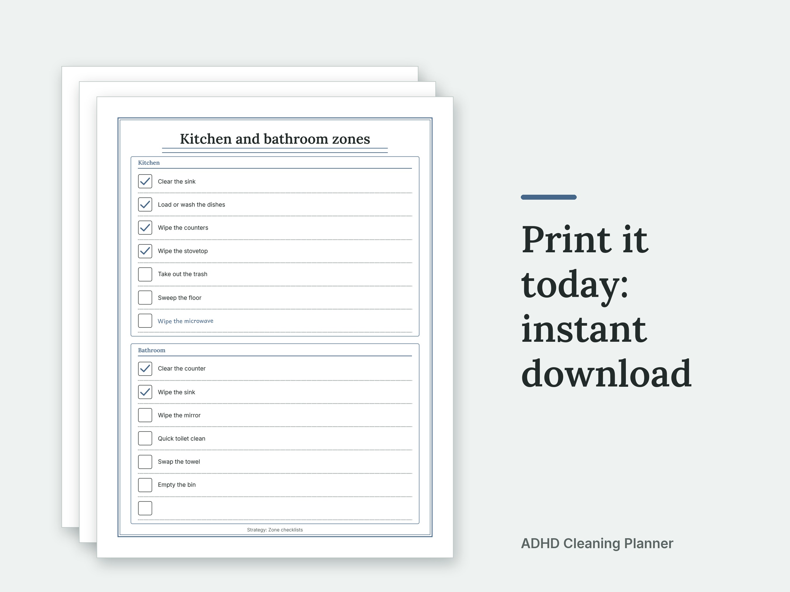 A short stack of ADHD Cleaning Planner pages, filled in with sample entries, laid out as printed sheets on a plain background. Print it today: instant download.