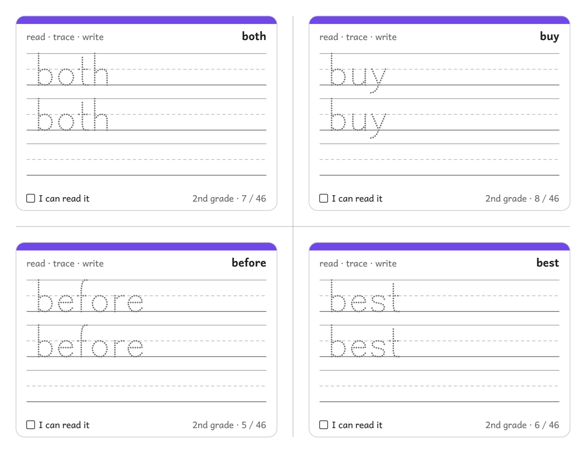 Sight Words Grade2 Cards: sample page 10 of 30