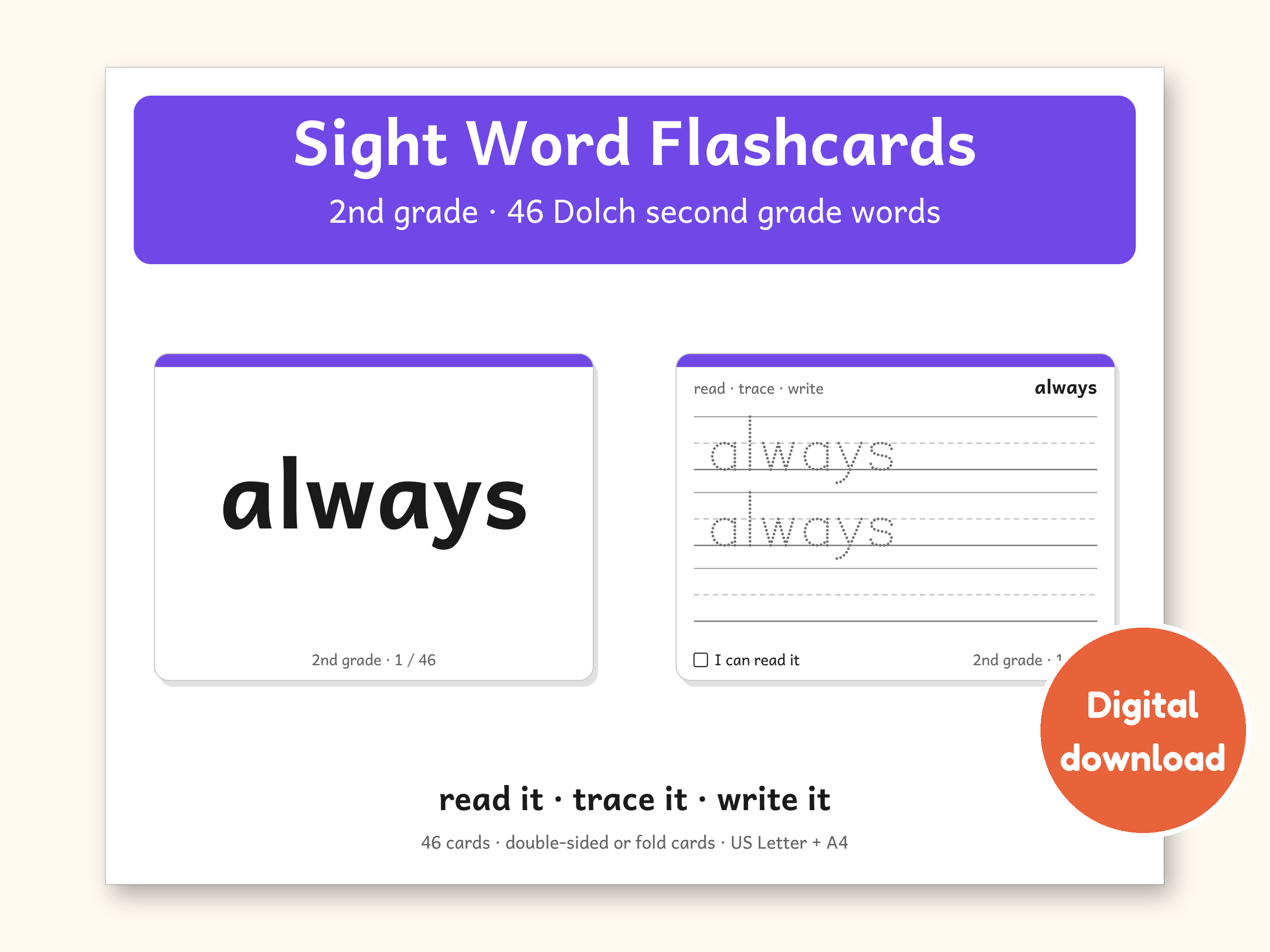 Sight Words | 2nd Grade Dolch Flashcards for Ages 7-8 (Digital PDF): cover of the printable PDF, a digital download