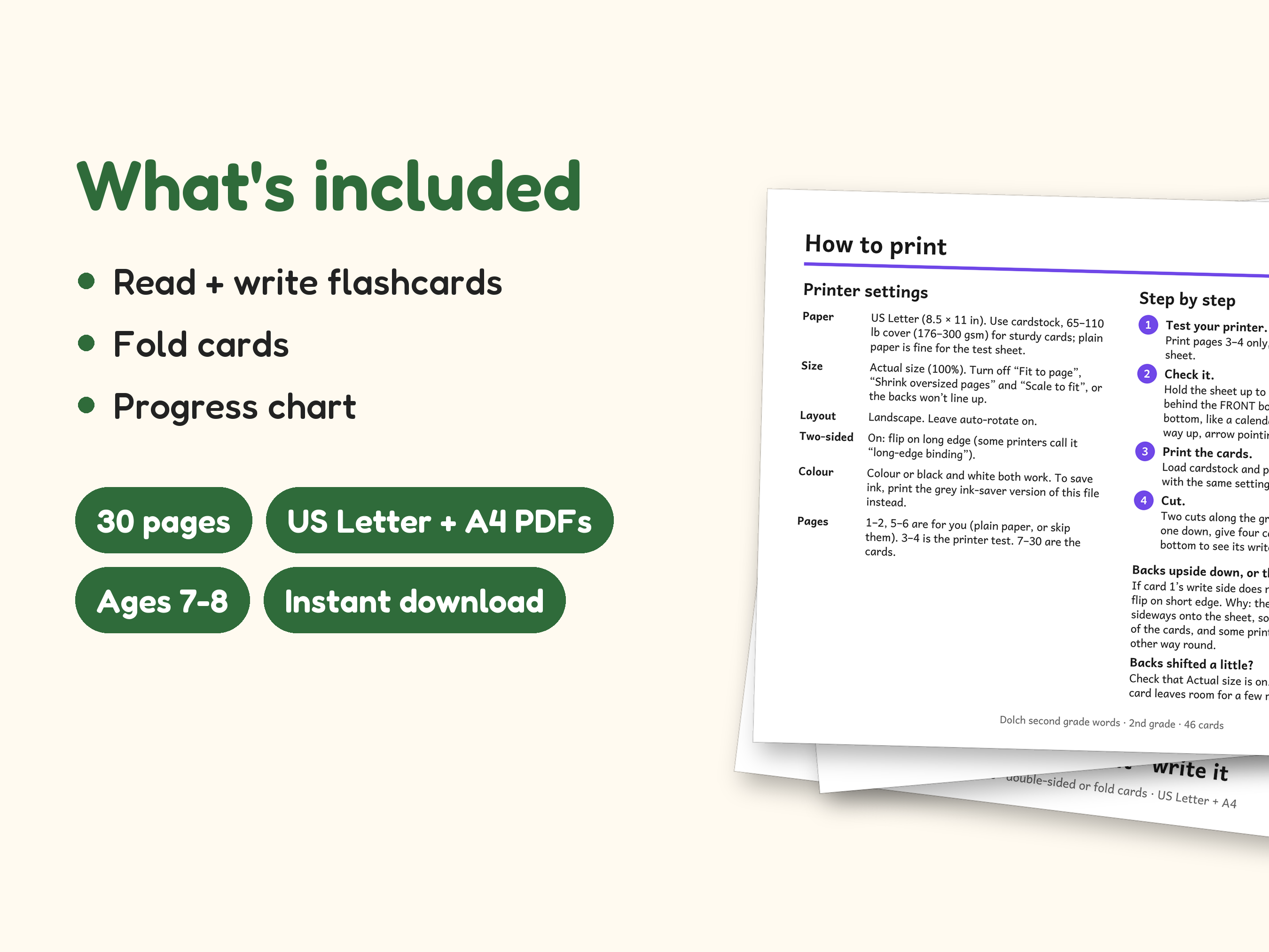 Sight Words | 2nd Grade Dolch Flashcards for Ages 7-8 (Digital PDF): what's included -- 30 pages, US Letter + A4 PDFs, Ages 7-8, Instant download
