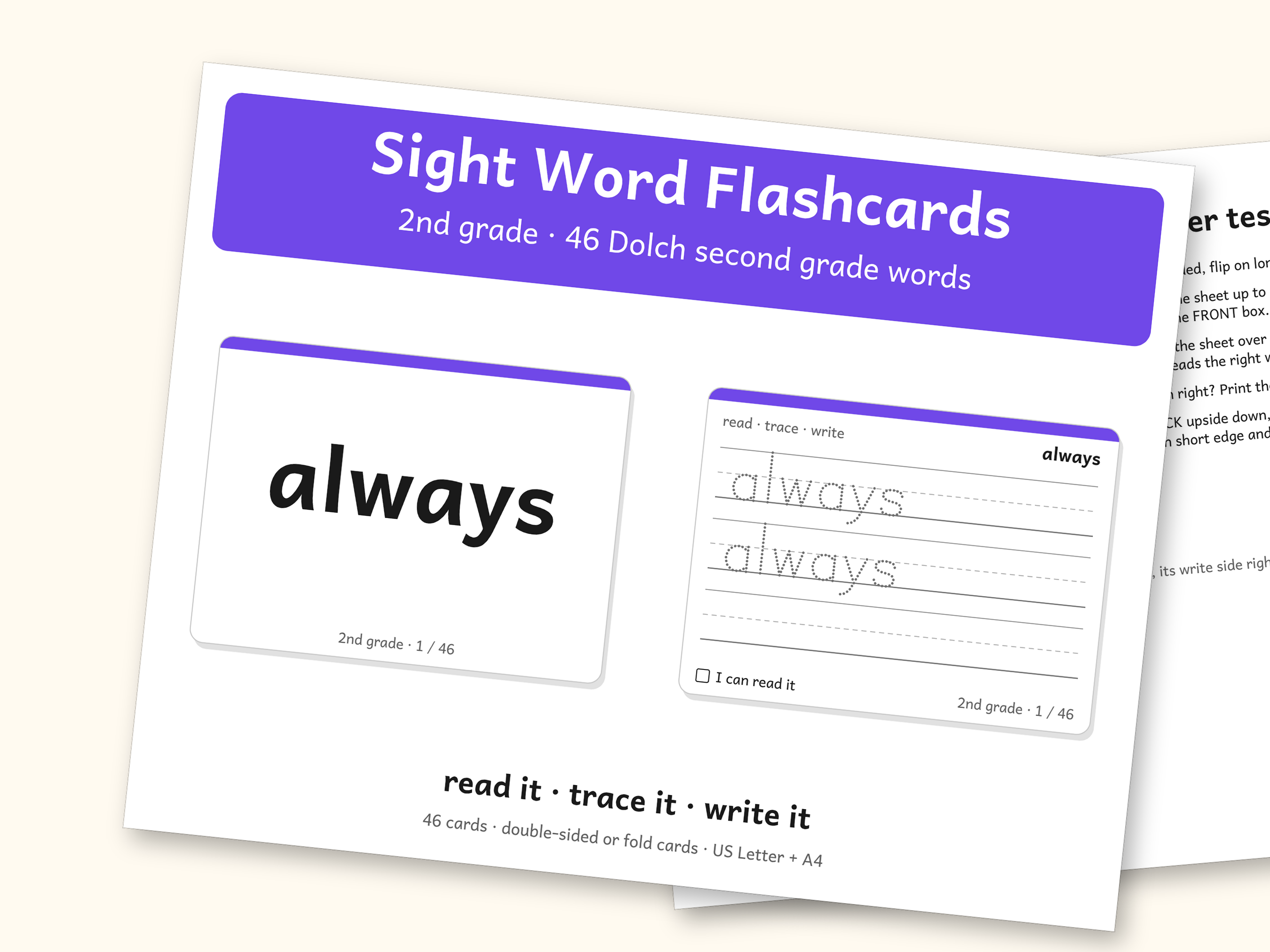 Sight Words | 2nd Grade Dolch Flashcards for Ages 7-8 (Digital PDF): cover and an inside page