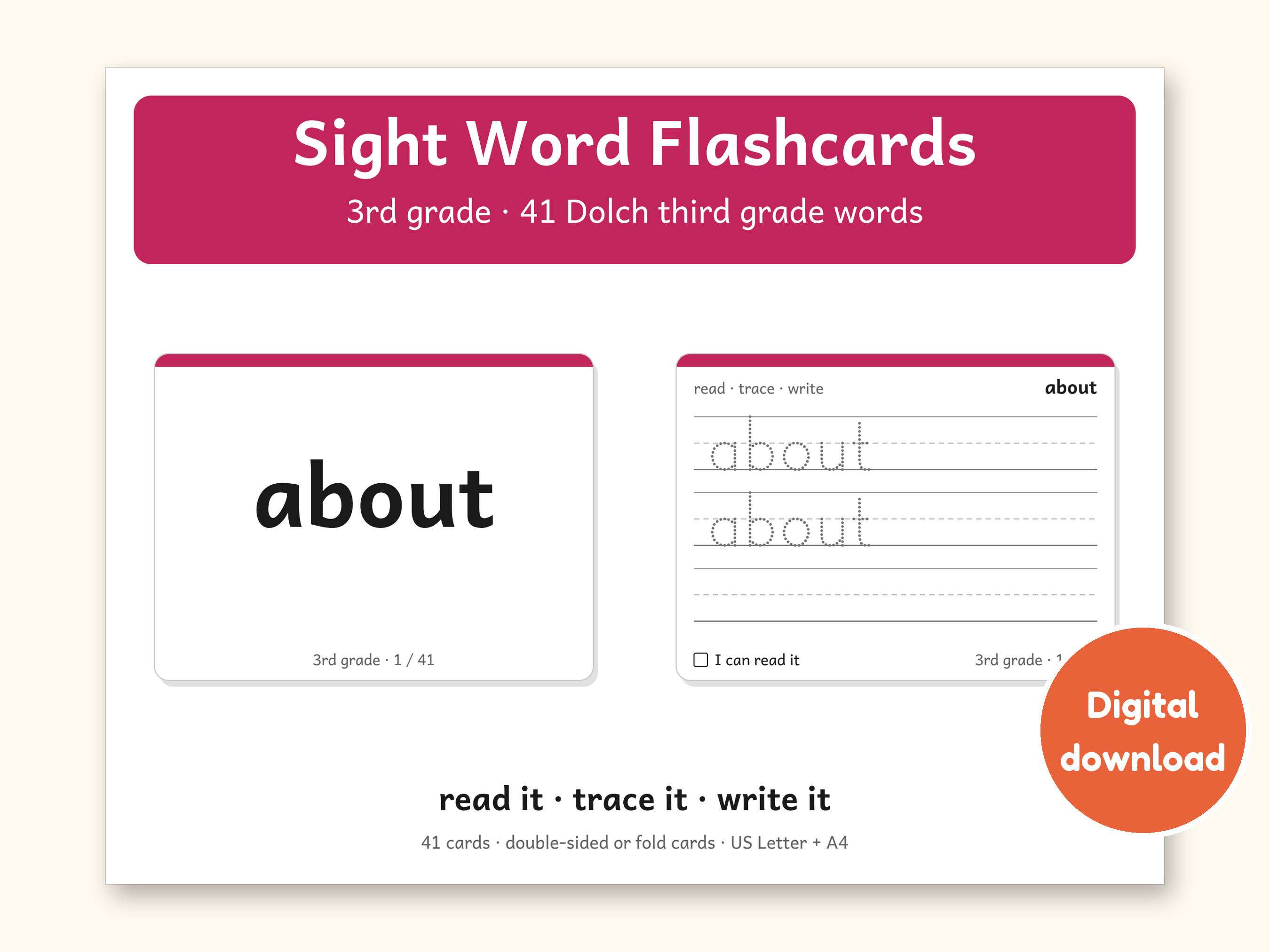 Sight Words | 3rd Grade Dolch Flashcards for Ages 8-9 (Digital PDF): cover of the printable PDF, a digital download