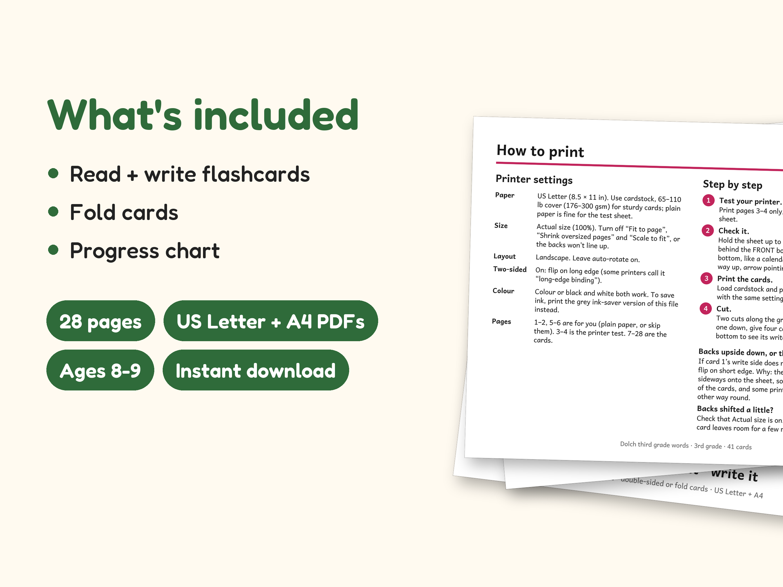 Sight Words | 3rd Grade Dolch Flashcards for Ages 8-9 (Digital PDF): what's included -- 28 pages, US Letter + A4 PDFs, Ages 8-9, Instant download