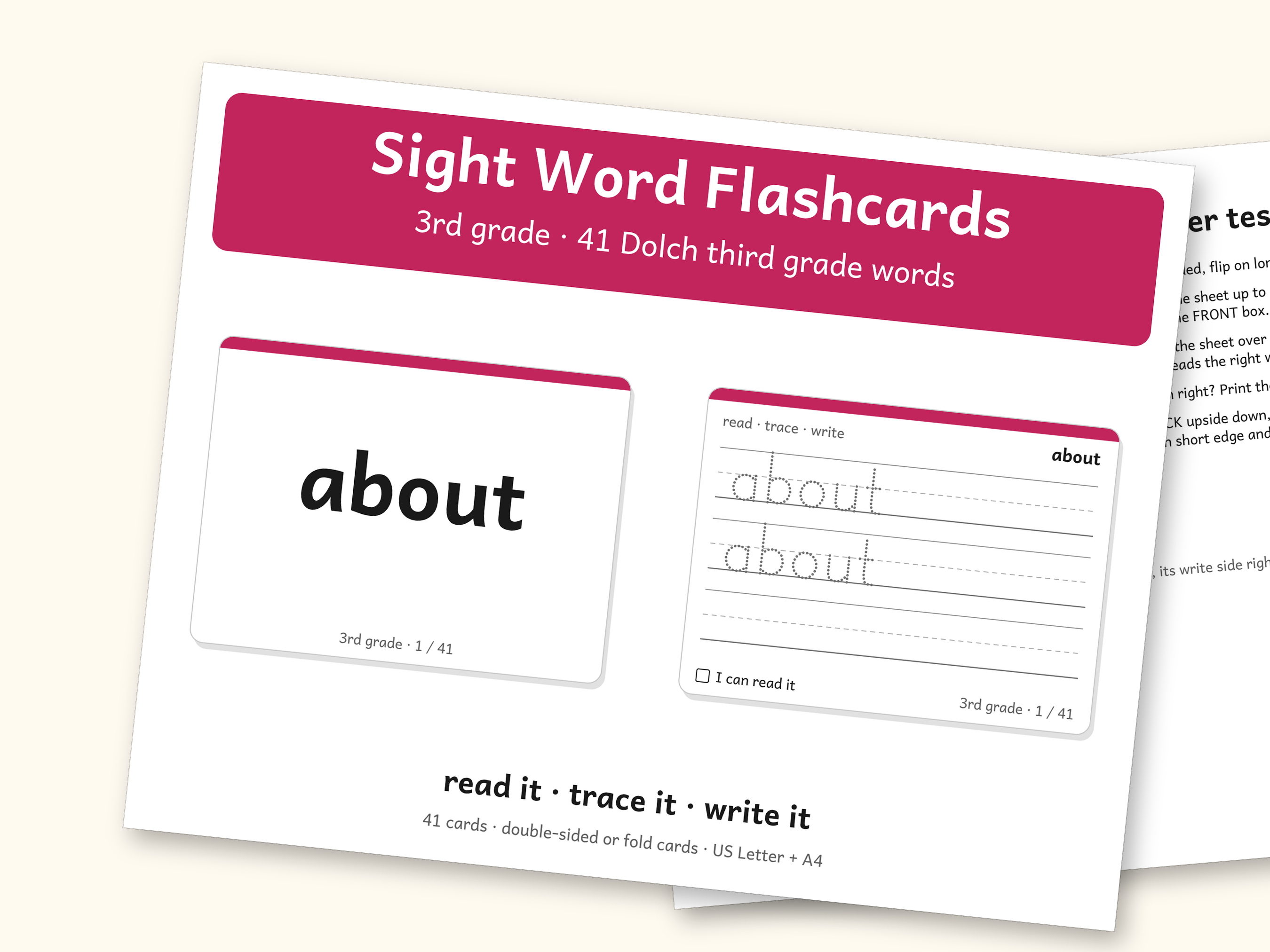 Sight Words | 3rd Grade Dolch Flashcards for Ages 8-9 (Digital PDF): cover and an inside page
