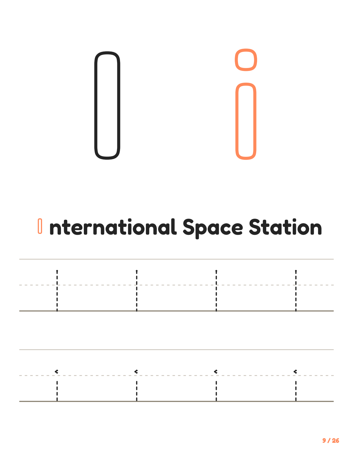 Letter I tracing worksheet: uppercase and lowercase I to trace, with the word International Space Station
