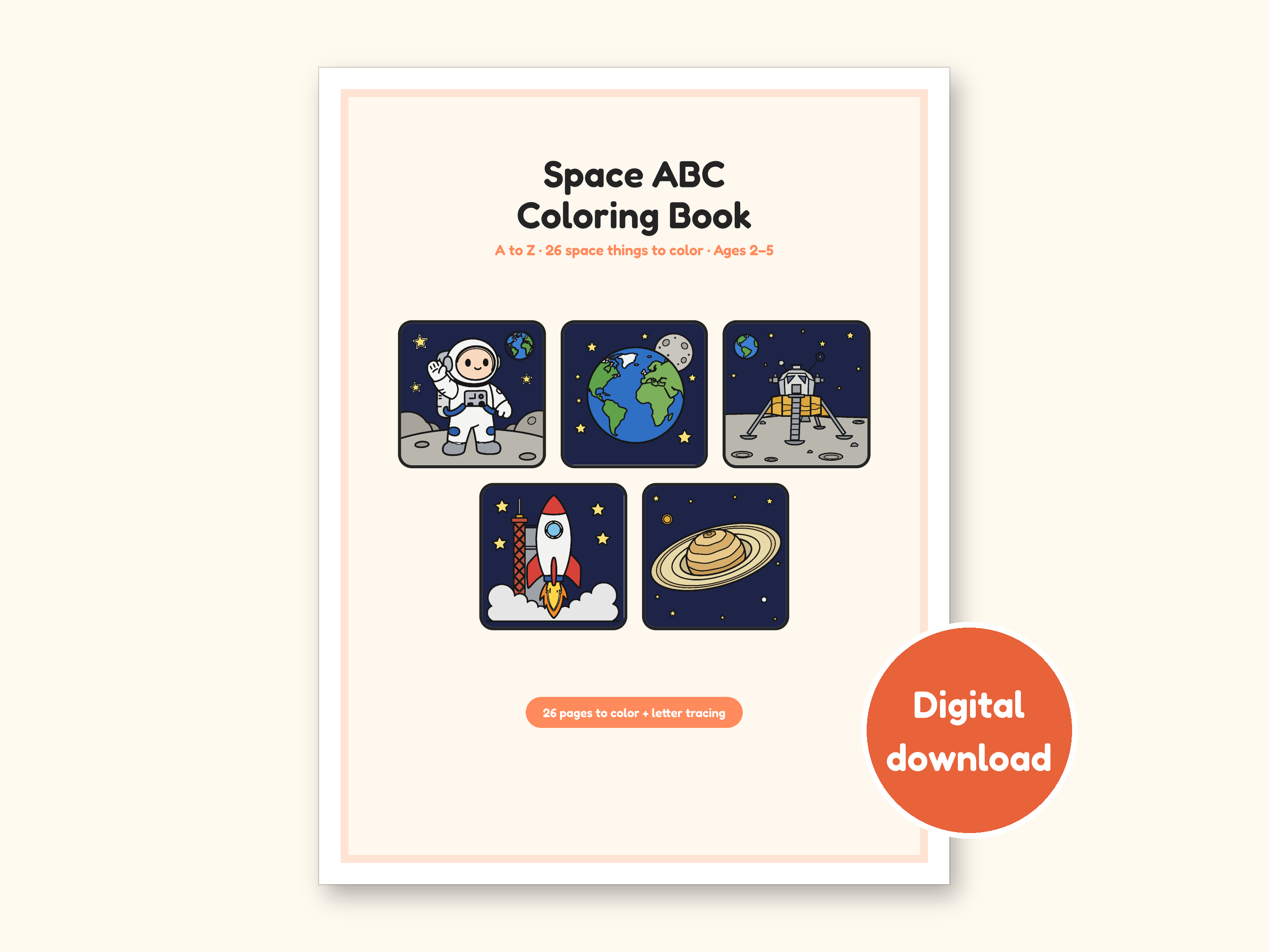 Space Coloring Pages | ABC Letter Tracing for Kids Ages 2-5 (Digital PDF): cover of the printable PDF, a digital download