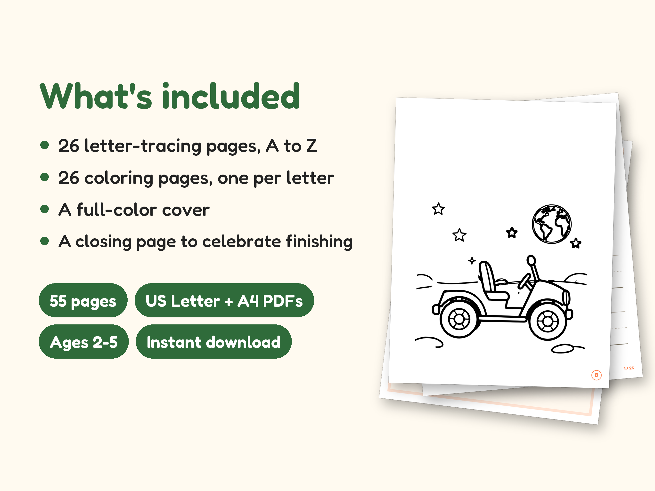 Space Coloring Pages | ABC Letter Tracing for Kids Ages 2-5 (Digital PDF): what's included -- 55 pages, US Letter + A4 PDFs, Ages 2-5, Instant download