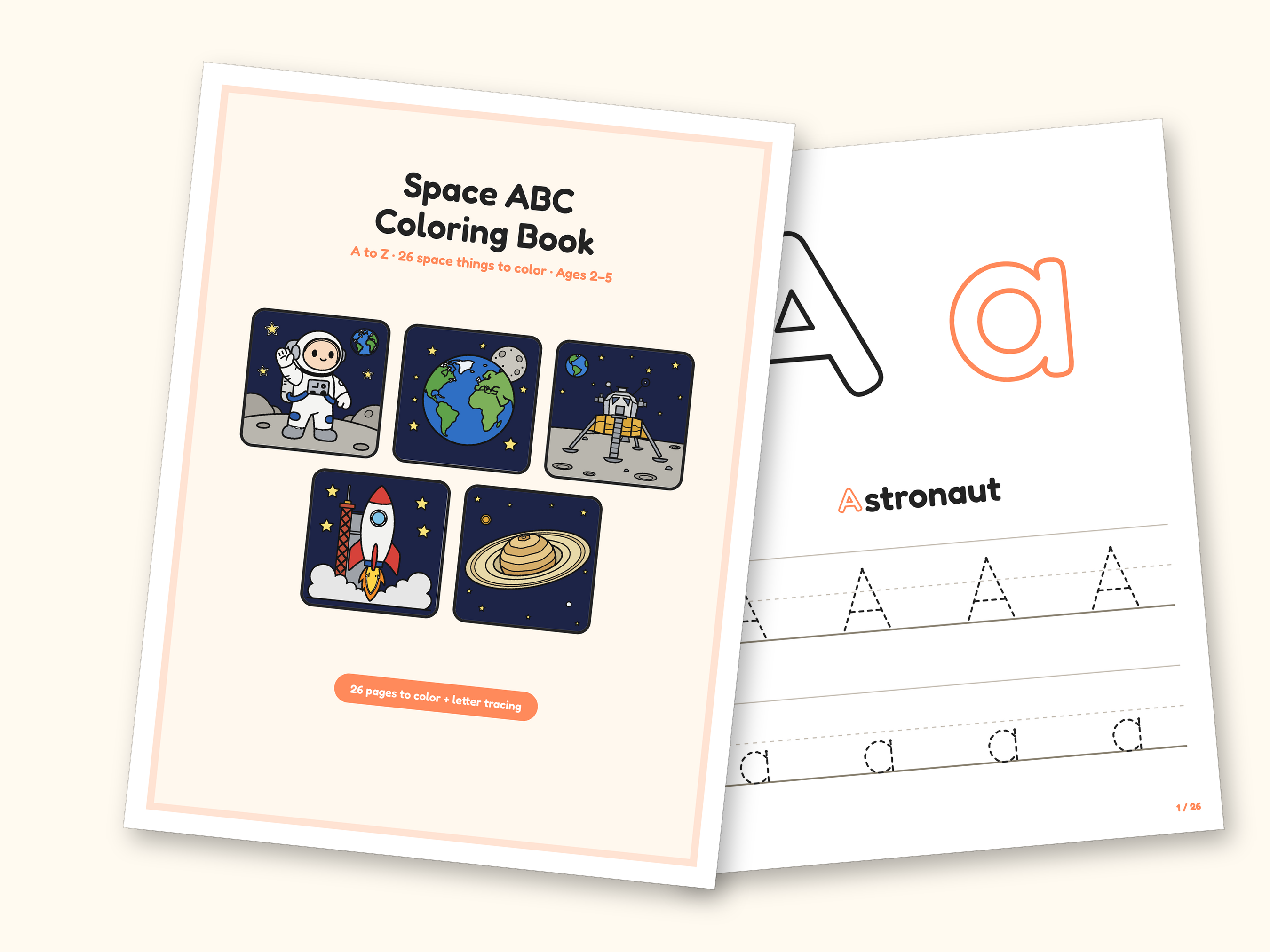 Space Coloring Pages | ABC Letter Tracing for Kids Ages 2-5 (Digital PDF): cover and an inside page