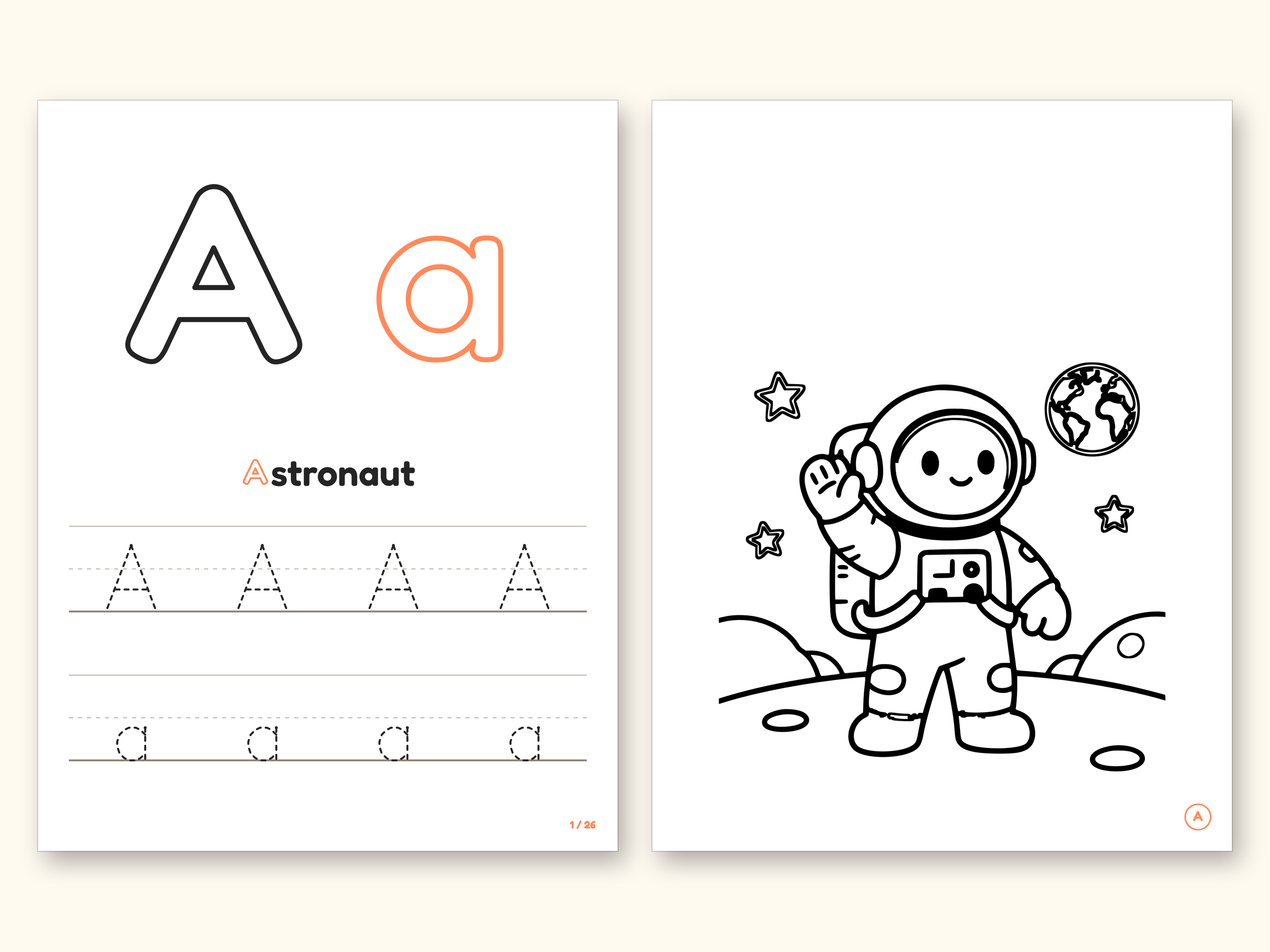 Space Coloring Pages | ABC Letter Tracing for Kids Ages 2-5 (Digital PDF): pages 3 and 4 side by side