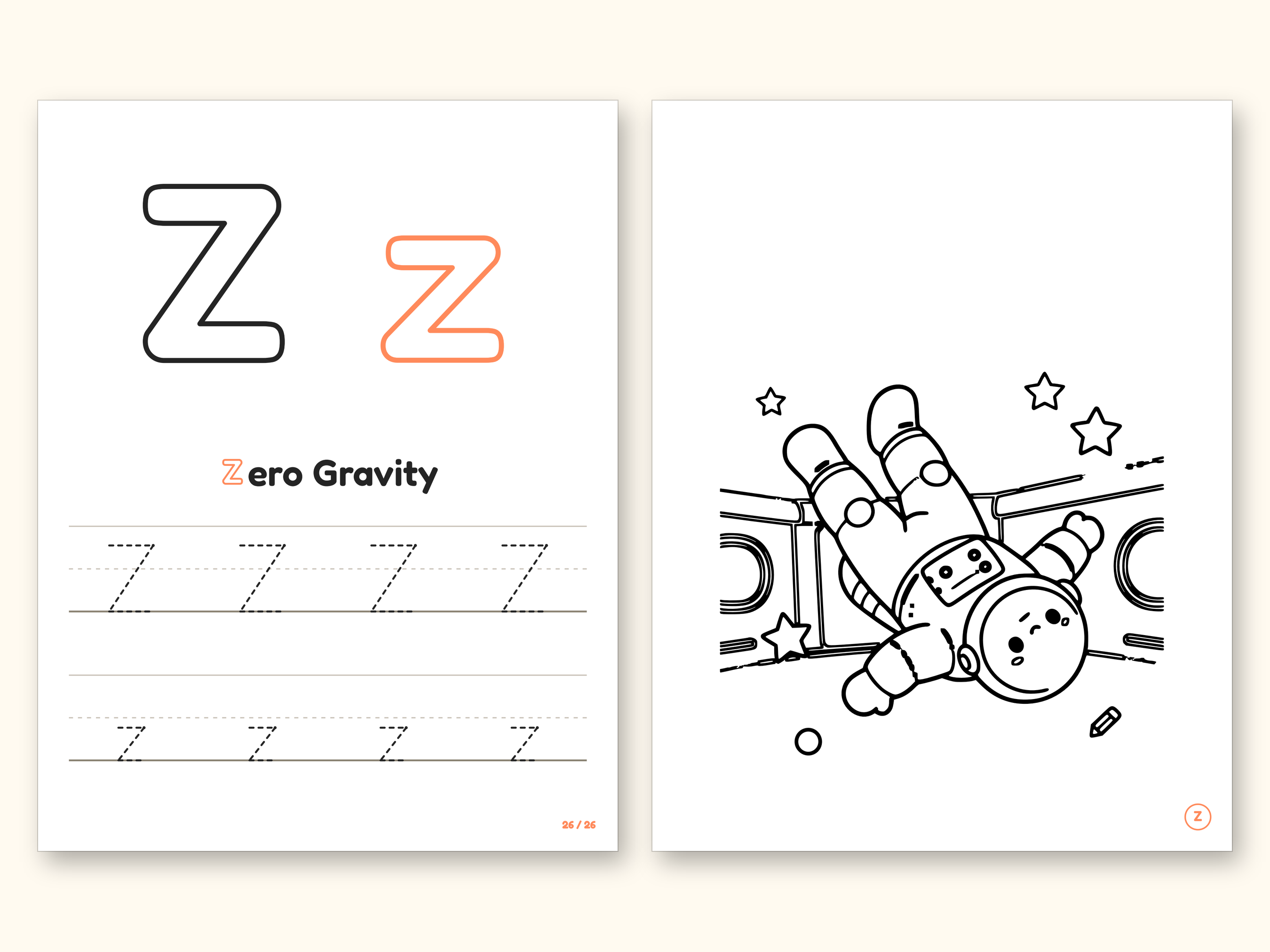 Space Coloring Pages | ABC Letter Tracing for Kids Ages 2-5 (Digital PDF): pages 53 and 54 side by side