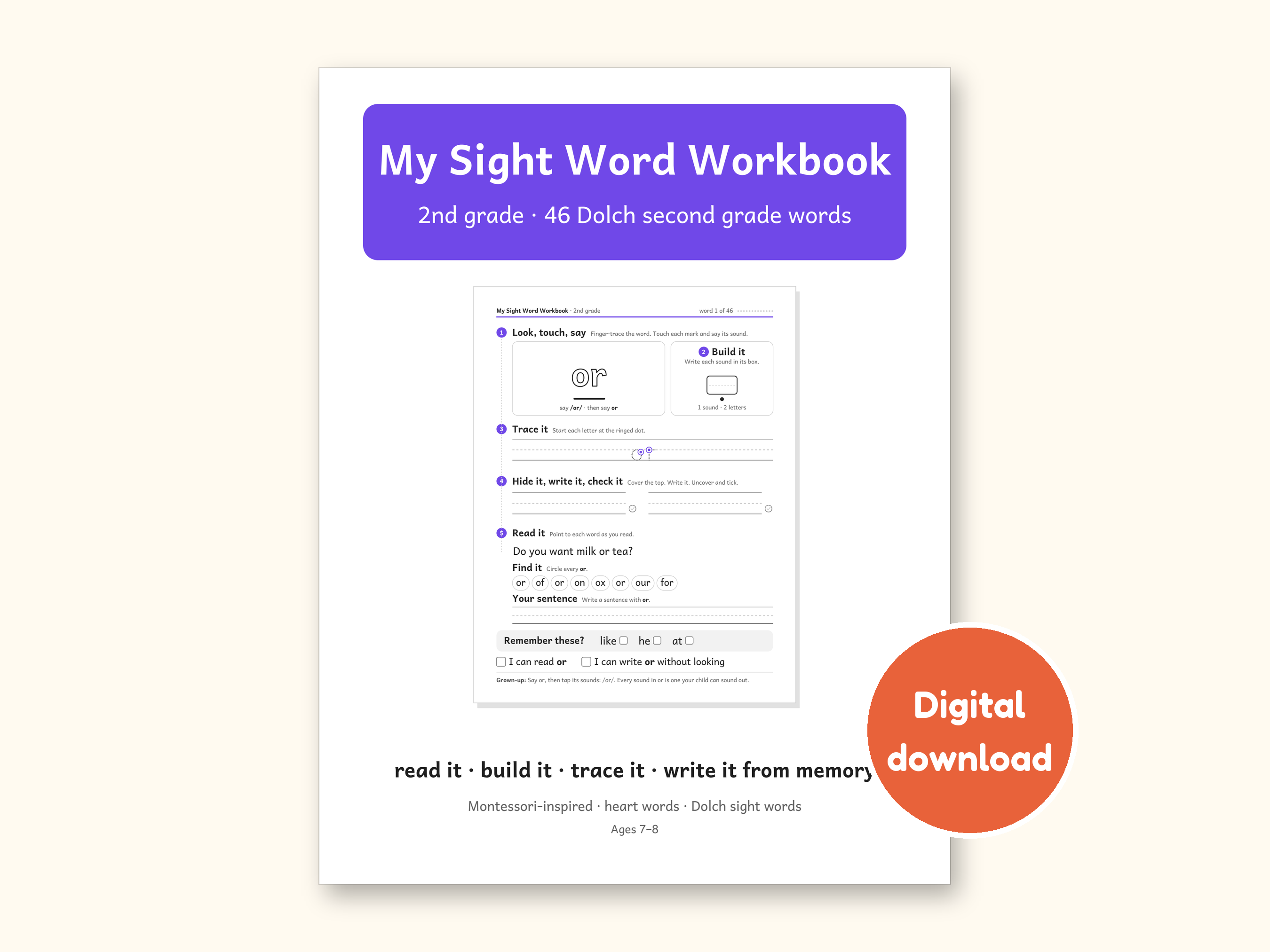 Sight Word Worksheets | 2nd Grade Dolch Workbook for Ages 7-8 (Digital PDF): cover of the printable PDF, a digital download