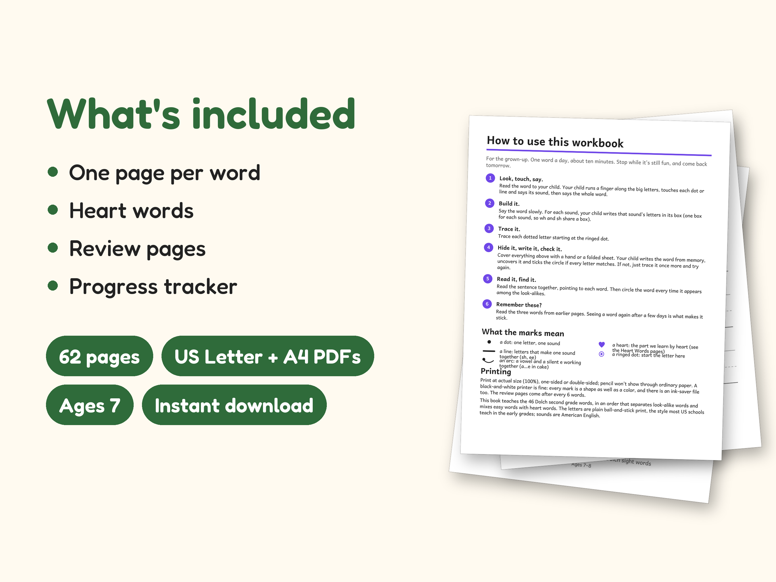 Sight Word Worksheets | 2nd Grade Dolch Workbook for Ages 7-8 (Digital PDF): what's included -- 62 pages, US Letter + A4 PDFs, Ages 7, Instant download