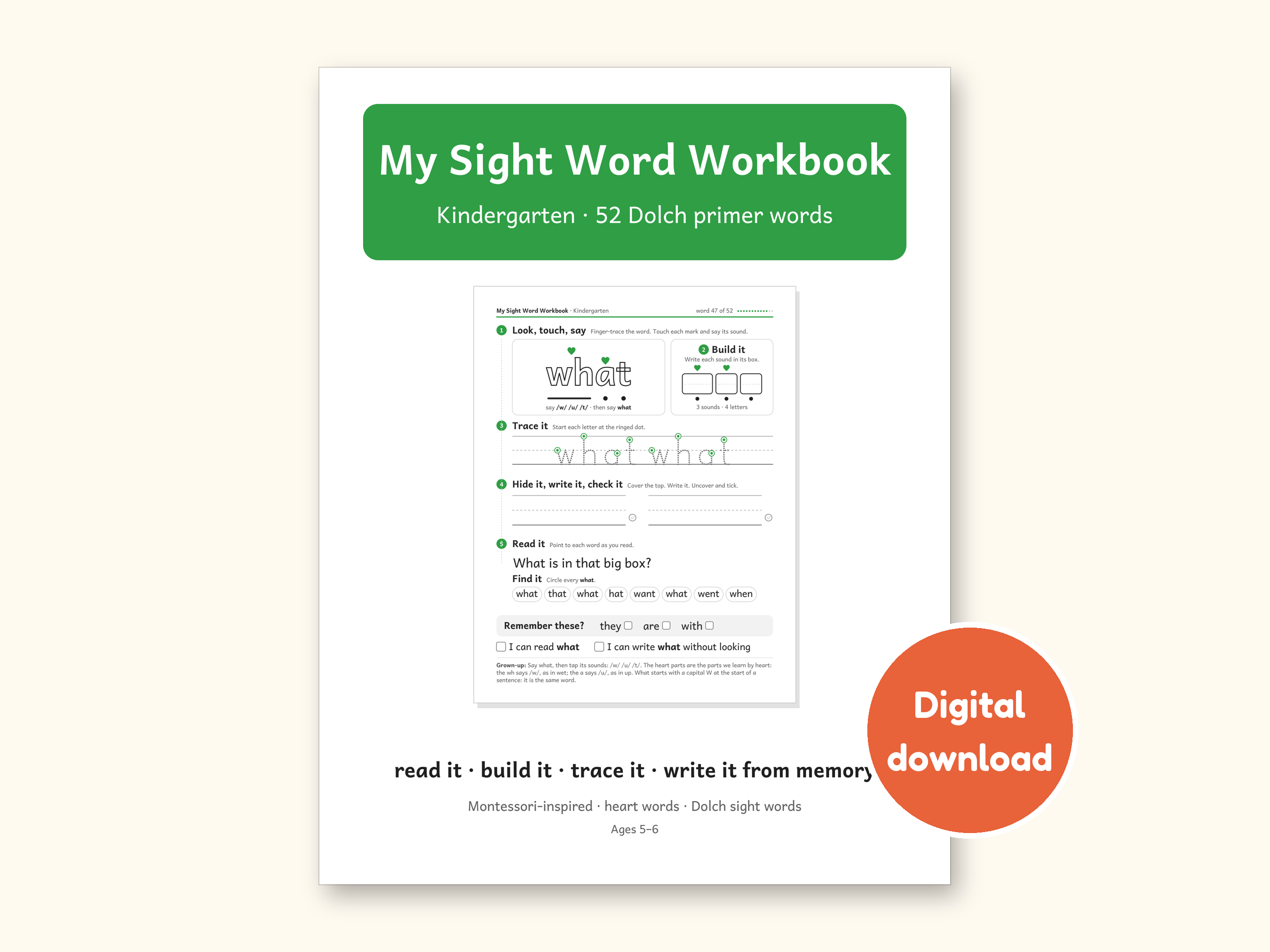 Sight Word Worksheets | Kindergarten Dolch Workbook for Ages 5-6 (Digital PDF): cover of the printable PDF, a digital download
