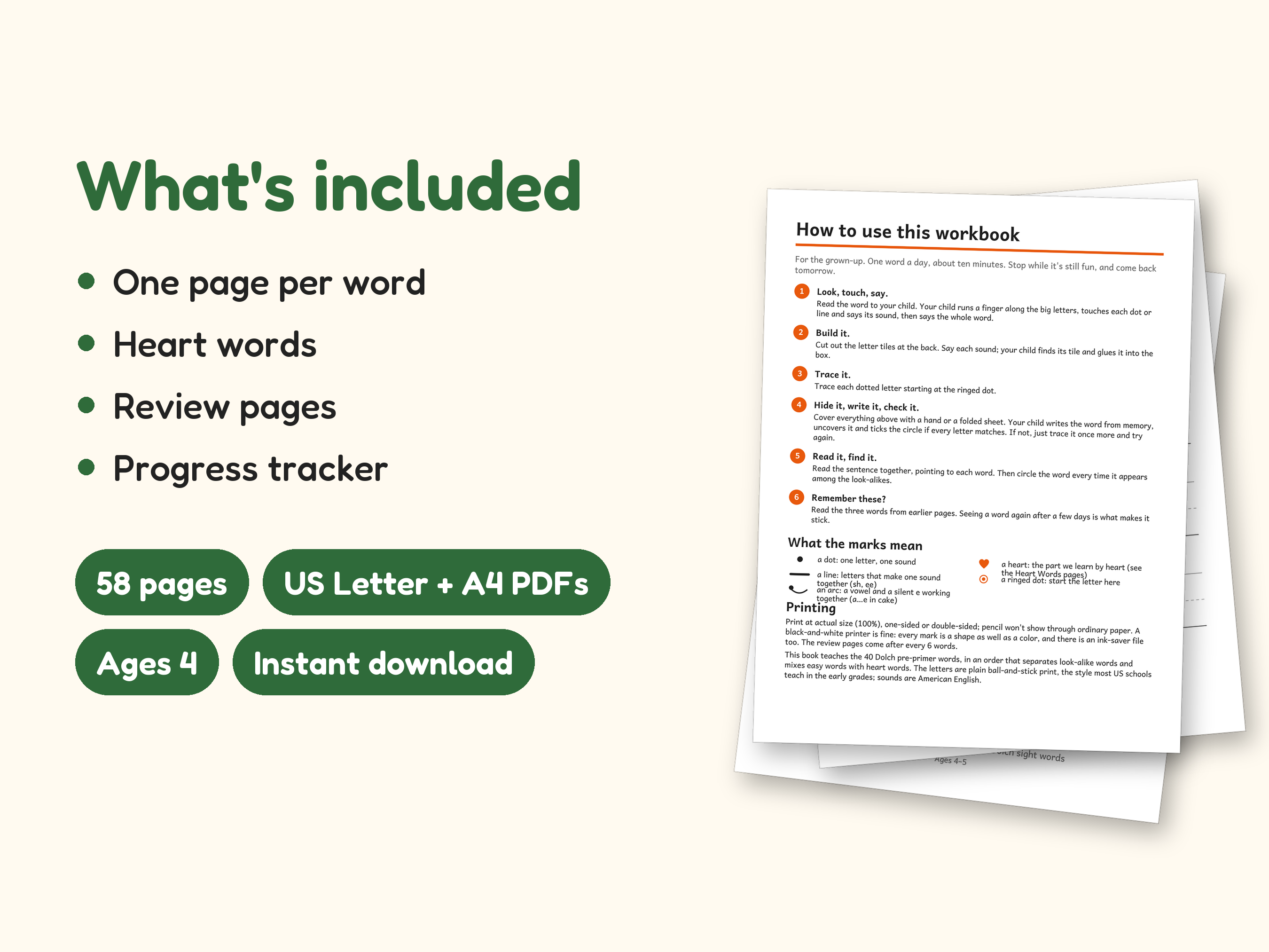 Sight Word Worksheets | Pre-K Dolch Workbook for Ages 4-5 (Digital PDF): what's included -- 58 pages, US Letter + A4 PDFs, Ages 4, Instant download
