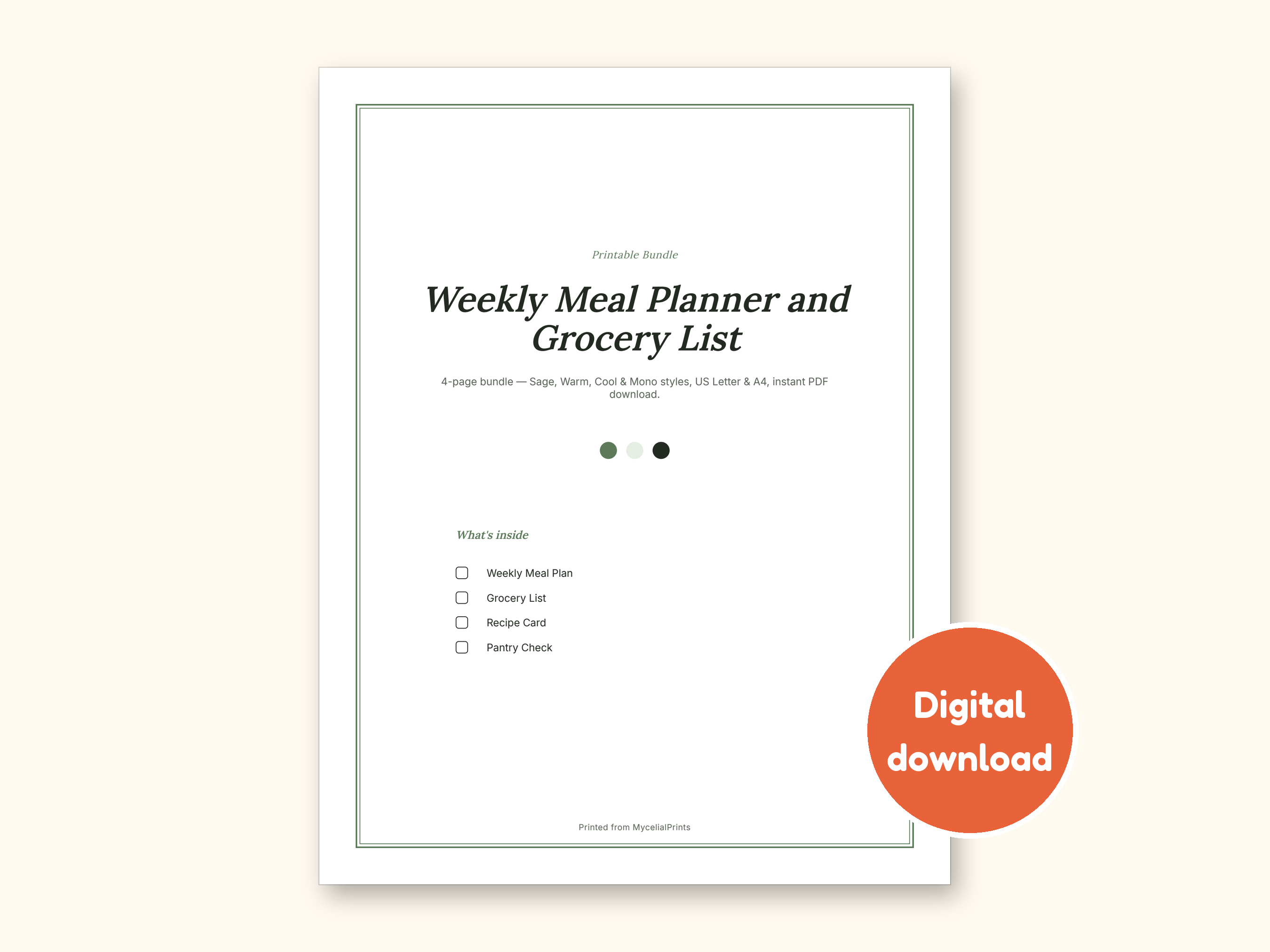 Meal Planner | Grocery List for Home Cooks (PDF + Excel): cover of the printable PDF, a digital download