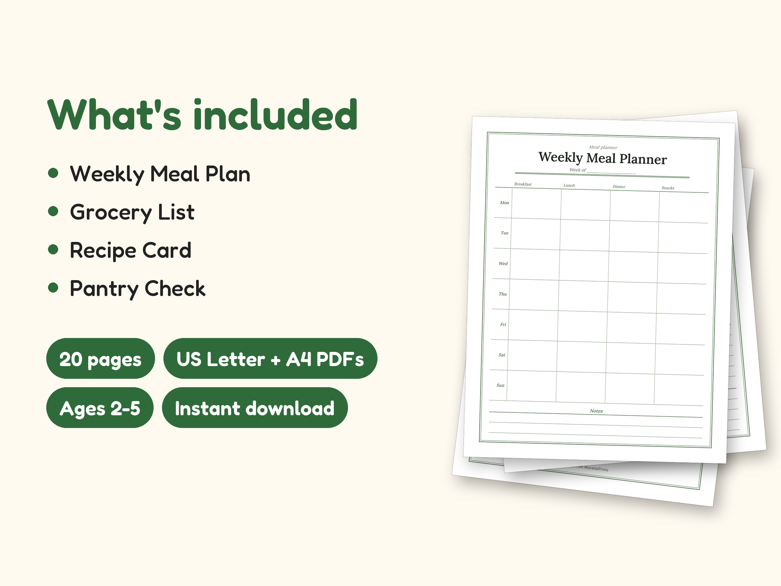 Meal Planner | Grocery List for Home Cooks (PDF + Excel): what's included -- 20 pages, US Letter + A4 PDFs, Ages 2-5, Instant download