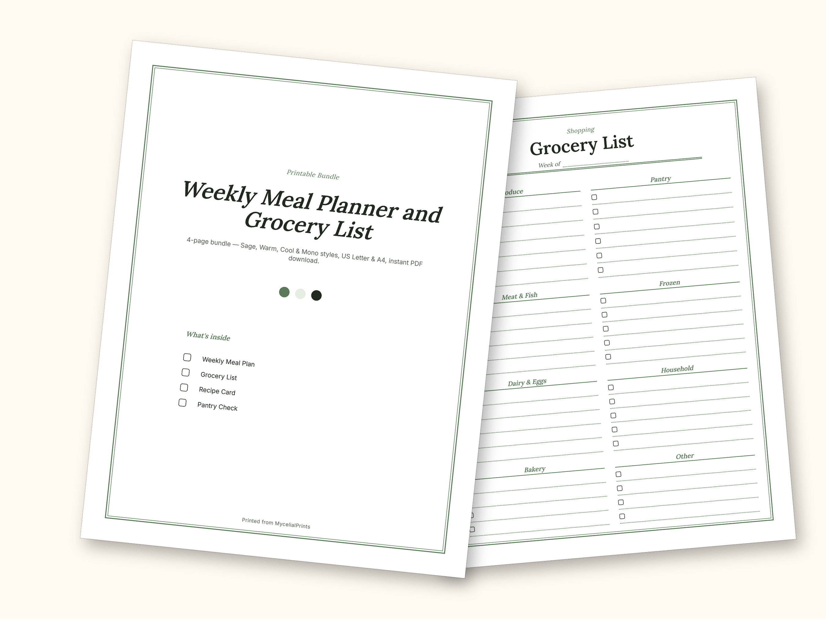 Meal Planner | Grocery List for Home Cooks (PDF + Excel): cover and an inside page